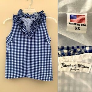 Elizabeth Wilson Designs white/navy gingham sleeveless top ,V-ruffle neckline XS